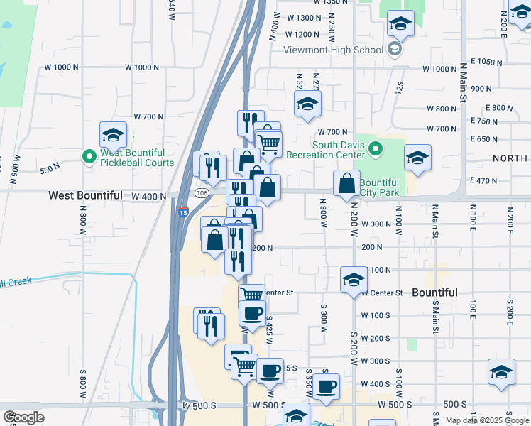 map of restaurants, bars, coffee shops, grocery stores, and more near 457 West 400 North in Bountiful