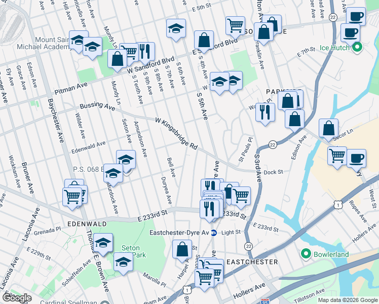 map of restaurants, bars, coffee shops, grocery stores, and more near in The Bronx