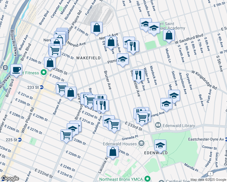 map of restaurants, bars, coffee shops, grocery stores, and more near in The Bronx