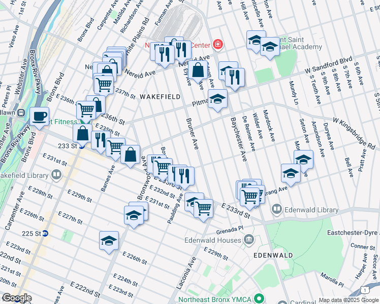 map of restaurants, bars, coffee shops, grocery stores, and more near 4131 Bruner Avenue in Bronx