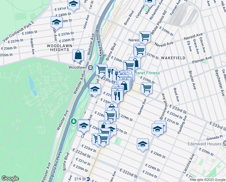 map of restaurants, bars, coffee shops, grocery stores, and more near 645 East 231st Street in Bronx