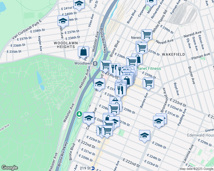 map of restaurants, bars, coffee shops, grocery stores, and more near 645 East 231st Street in Bronx