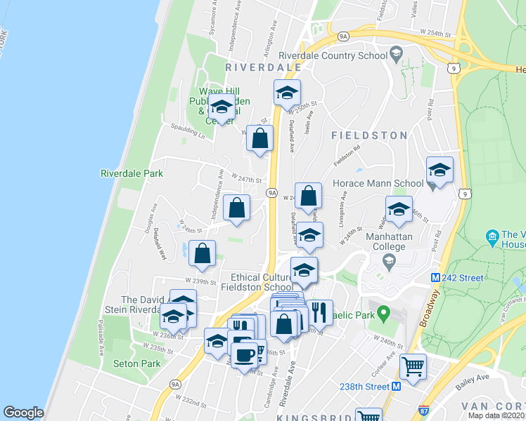 map of restaurants, bars, coffee shops, grocery stores, and more near 555 West 246th Street in Bronx