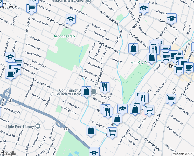 map of restaurants, bars, coffee shops, grocery stores, and more near 262 Franklin Road in Englewood
