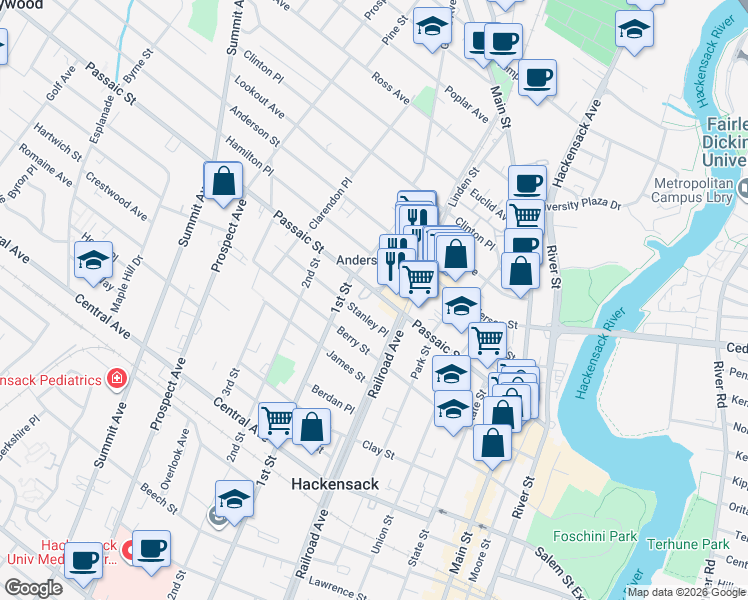 map of restaurants, bars, coffee shops, grocery stores, and more near 169 Passaic Street in Hackensack