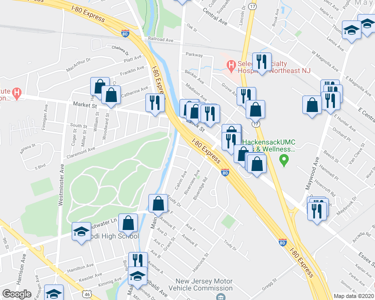 map of restaurants, bars, coffee shops, grocery stores, and more near 18 Roselle Avenue in Lodi