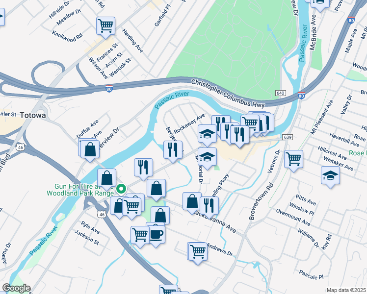 map of restaurants, bars, coffee shops, grocery stores, and more near 303 Bergen Boulevard in Woodland Park