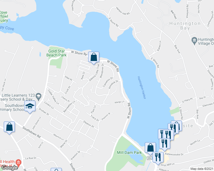map of restaurants, bars, coffee shops, grocery stores, and more near 44 Cameron Drive in Huntington