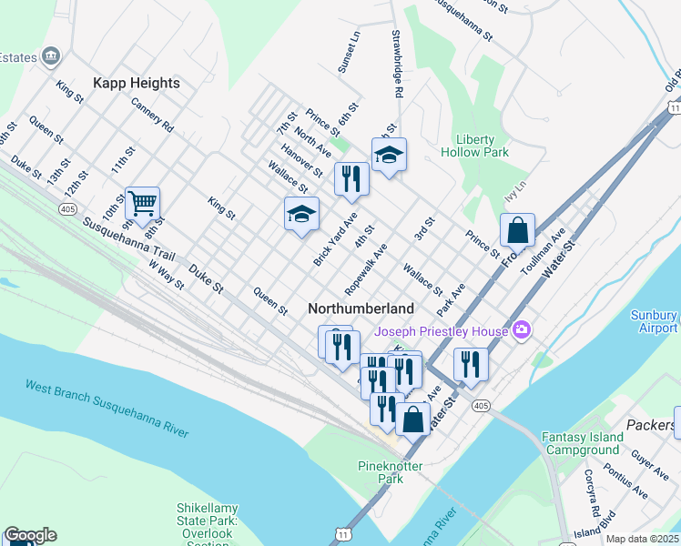 map of restaurants, bars, coffee shops, grocery stores, and more near 346 4th Street in Northumberland