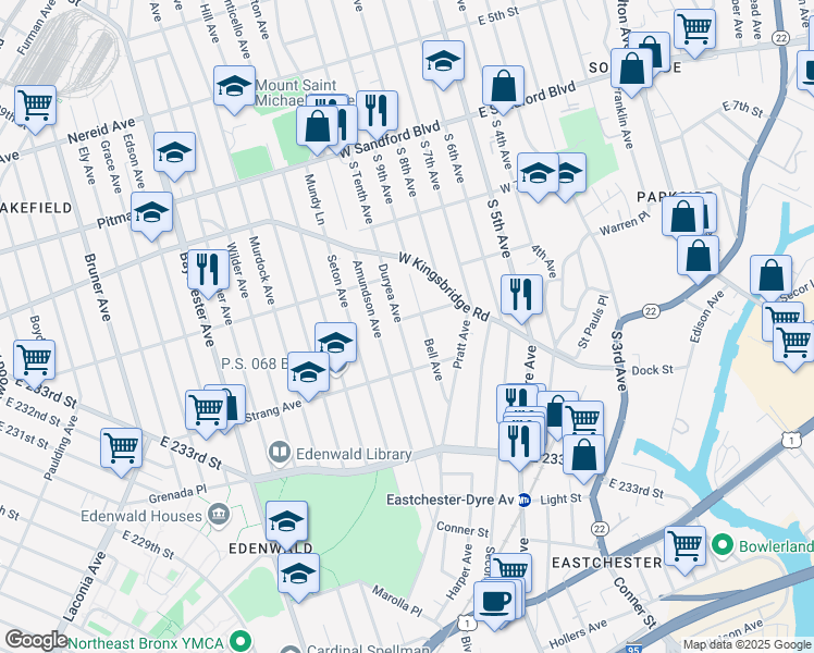 map of restaurants, bars, coffee shops, grocery stores, and more near 4044 Duryea Avenue in Bronx