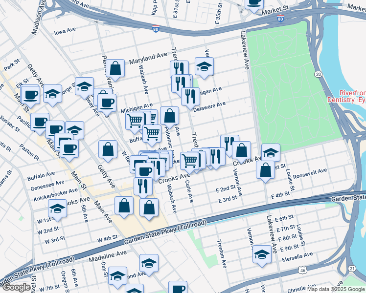 map of restaurants, bars, coffee shops, grocery stores, and more near 104 Dundee Avenue in Paterson