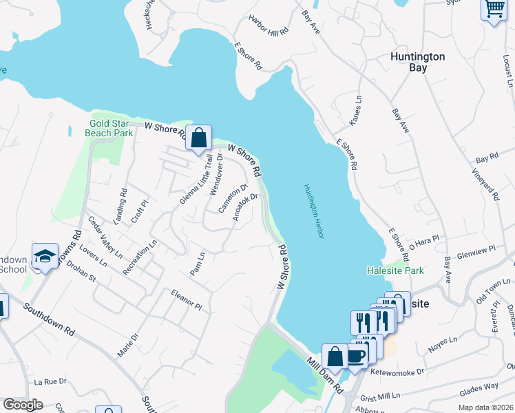 map of restaurants, bars, coffee shops, grocery stores, and more near 207 West Shore Road in Huntington