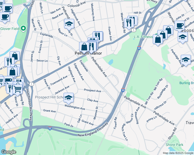 map of restaurants, bars, coffee shops, grocery stores, and more near 990 Esplanade in Pelham Manor