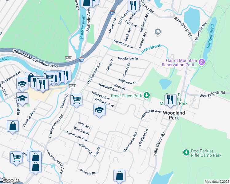 map of restaurants, bars, coffee shops, grocery stores, and more near 85 Haverhill Avenue in Woodland Park