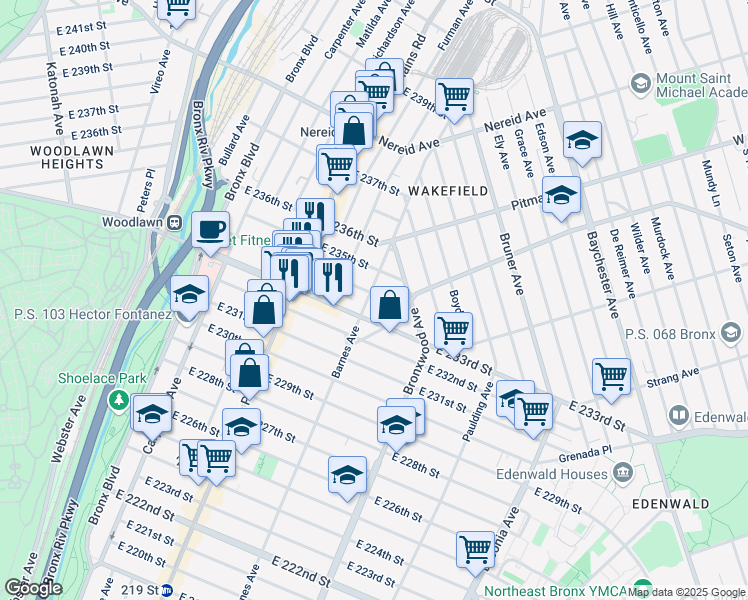 map of restaurants, bars, coffee shops, grocery stores, and more near 4216 Barnes Avenue in Bronx