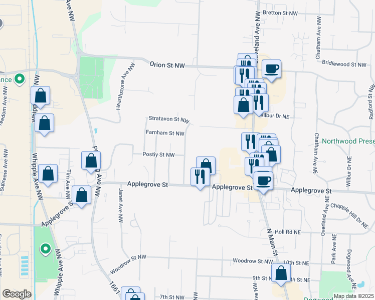 map of restaurants, bars, coffee shops, grocery stores, and more near 1512 Ellesmere Avenue Northwest in North Canton