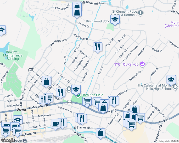 map of restaurants, bars, coffee shops, grocery stores, and more near 18 David Street in Dover
