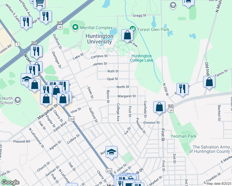 map of restaurants, bars, coffee shops, grocery stores, and more near 1716 College Avenue in Huntington