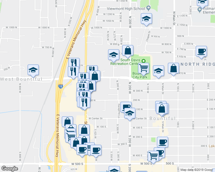 map of restaurants, bars, coffee shops, grocery stores, and more near 333 North 350 West in Bountiful