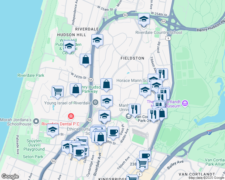 map of restaurants, bars, coffee shops, grocery stores, and more near 4544 Fieldston Road in Bronx