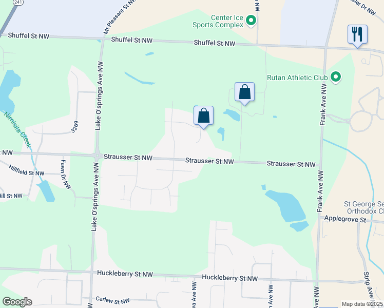 map of restaurants, bars, coffee shops, grocery stores, and more near 5585 Strausser Street Northwest in North Canton