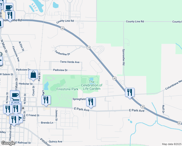 map of restaurants, bars, coffee shops, grocery stores, and more near 585 Parkview Drive in Columbiana