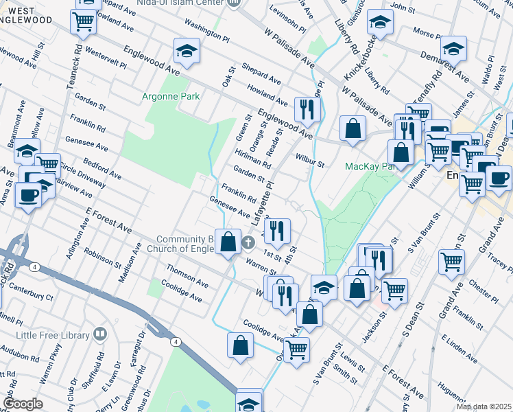 map of restaurants, bars, coffee shops, grocery stores, and more near 262 Franklin Road in Englewood
