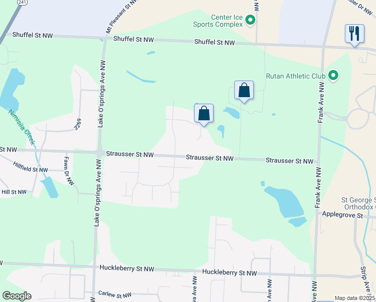 map of restaurants, bars, coffee shops, grocery stores, and more near 5585 Strausser Street Northwest in North Canton