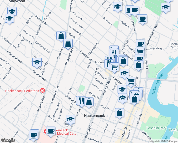 map of restaurants, bars, coffee shops, grocery stores, and more near 250 Berry Street in Hackensack