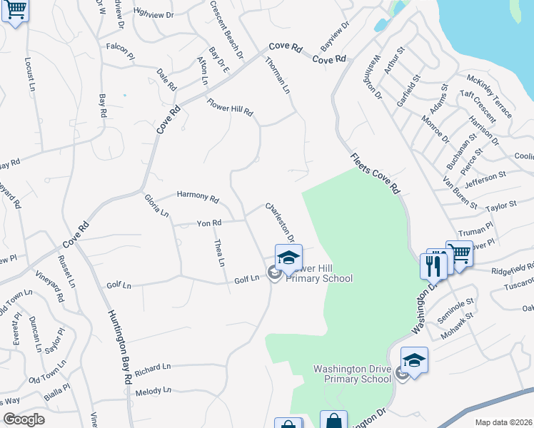 map of restaurants, bars, coffee shops, grocery stores, and more near 6 Charleston Drive in Huntington