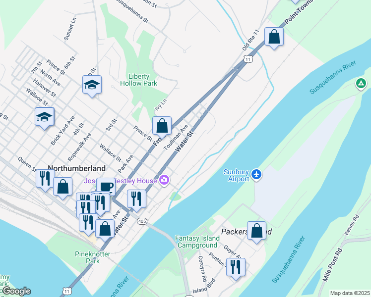 map of restaurants, bars, coffee shops, grocery stores, and more near 700 Water Street in Northumberland