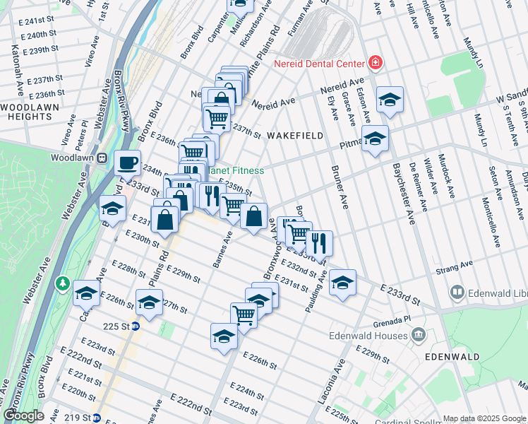 map of restaurants, bars, coffee shops, grocery stores, and more near 1705 Bussing Avenue in Bronx