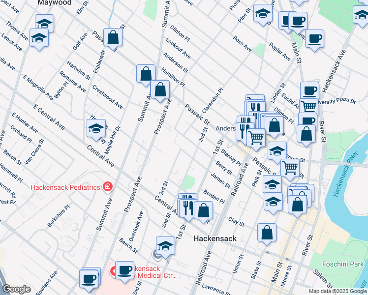 map of restaurants, bars, coffee shops, grocery stores, and more near 282 James Street in Hackensack