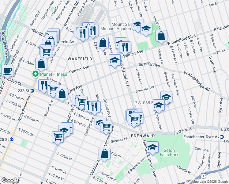 map of restaurants, bars, coffee shops, grocery stores, and more near 4121 Grace Avenue in The Bronx