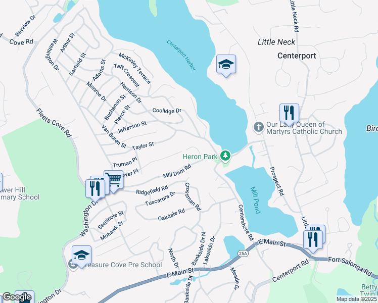 map of restaurants, bars, coffee shops, grocery stores, and more near 9 Pond Court in Huntington