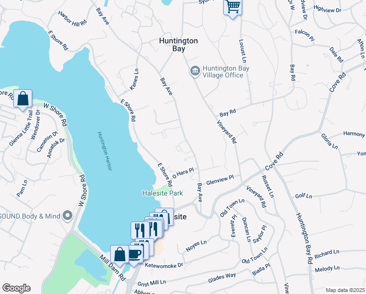 map of restaurants, bars, coffee shops, grocery stores, and more near 69G Bay Avenue in Halesite