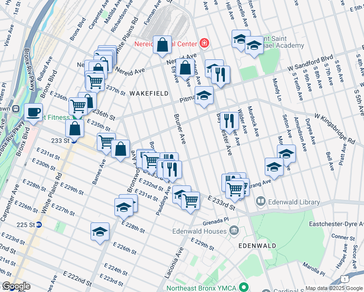 map of restaurants, bars, coffee shops, grocery stores, and more near 4131 Bruner Avenue in Bronx
