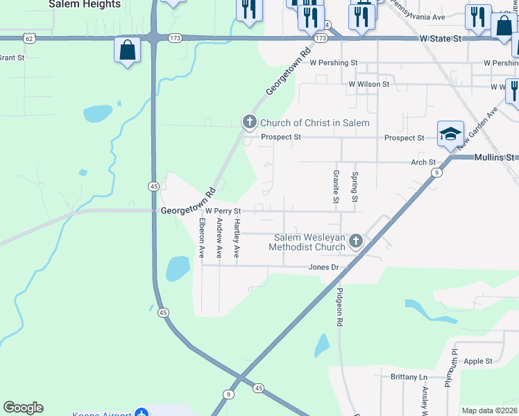 map of restaurants, bars, coffee shops, grocery stores, and more near 1152 West Perry Street in Salem
