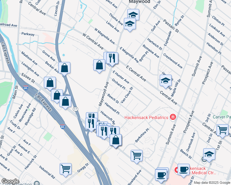 map of restaurants, bars, coffee shops, grocery stores, and more near 153 Rosalie Street in Maywood