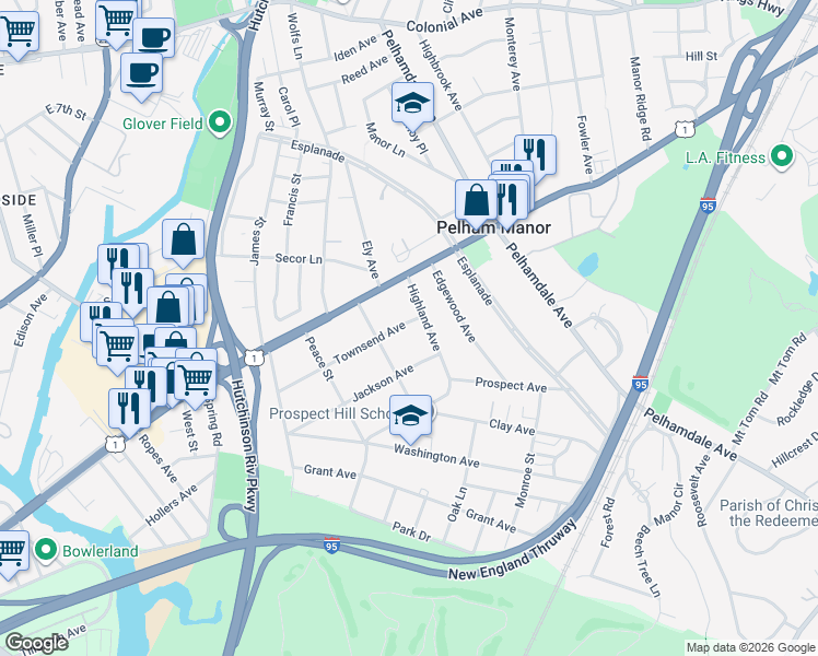 map of restaurants, bars, coffee shops, grocery stores, and more near 216 Townsend Avenue in Pelham Manor