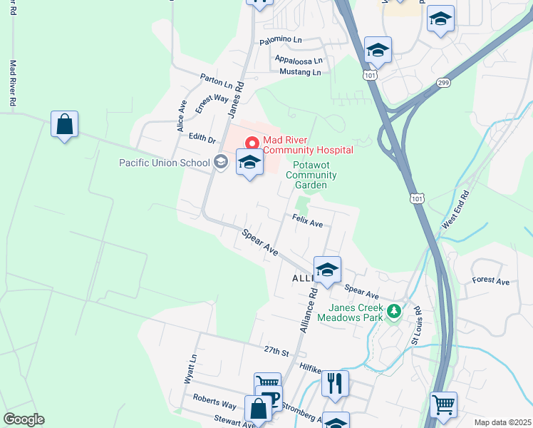 map of restaurants, bars, coffee shops, grocery stores, and more near 1875 Ribeiro Court in Arcata