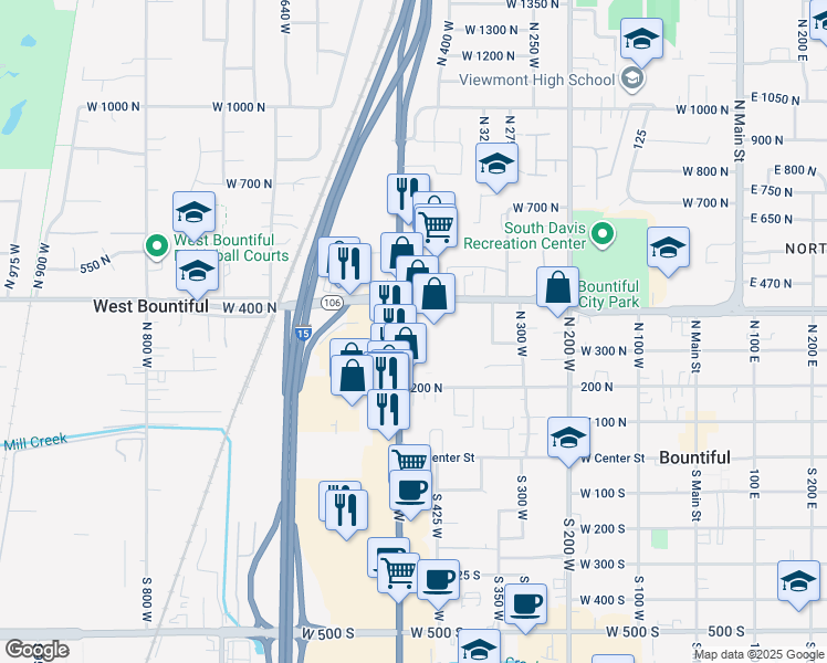 map of restaurants, bars, coffee shops, grocery stores, and more near 340 North 500 West in Bountiful
