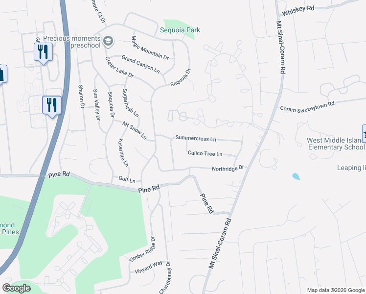 map of restaurants, bars, coffee shops, grocery stores, and more near 30 Calico Tree Lane in Coram