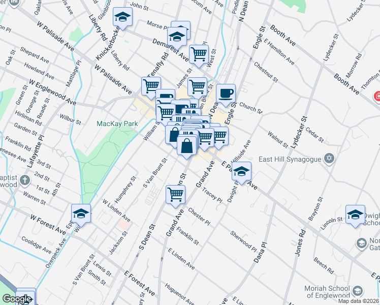 map of restaurants, bars, coffee shops, grocery stores, and more near 18 North Dean Street in Englewood