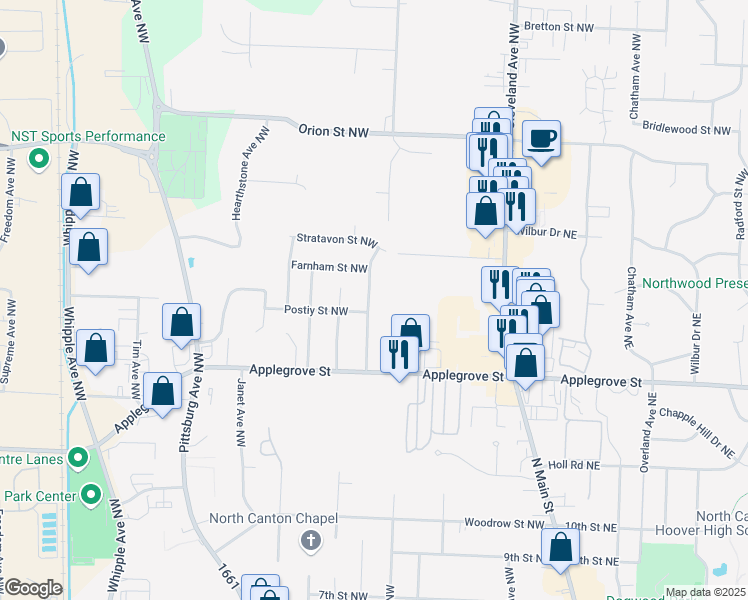 map of restaurants, bars, coffee shops, grocery stores, and more near 1514 Ellesmere Avenue Northwest in North Canton