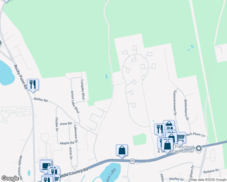 map of restaurants, bars, coffee shops, grocery stores, and more near 93 Currans Road in Middle Island