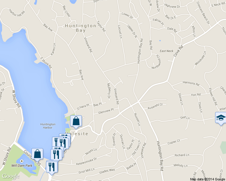 map of restaurants, bars, coffee shops, grocery stores, and more near 189 Vineyard Road in Halesite