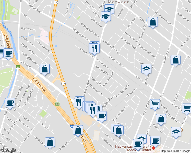 map of restaurants, bars, coffee shops, grocery stores, and more near 153 Rosalie Street in Maywood