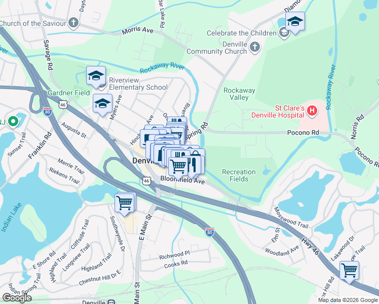 map of restaurants, bars, coffee shops, grocery stores, and more near 4 3rd Avenue in Denville