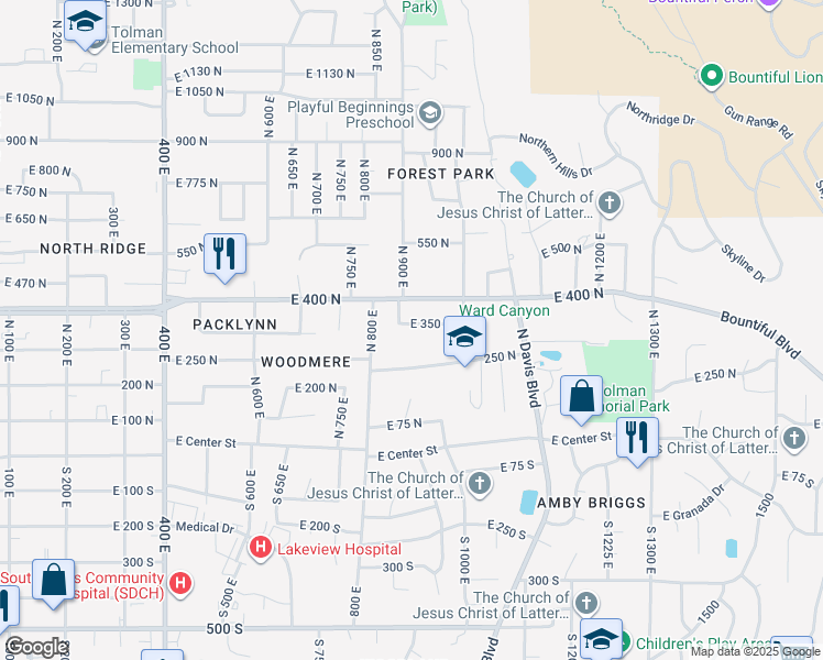 map of restaurants, bars, coffee shops, grocery stores, and more near 920 East 350 North in Bountiful
